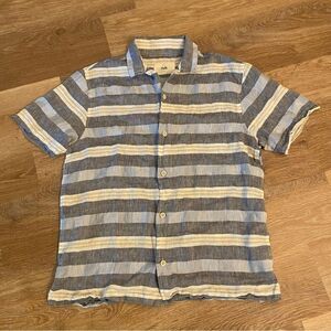 Folk Linen Blend Short Sleeve Button Up Size Small | Stripes Patterned Textured